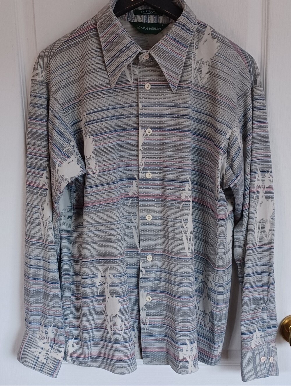 VTG 70s NOVELTY PRINT DISCO SHIRT SPLENDOR VAN HEUSEN 100% TEXTURIZED POLY LARGE